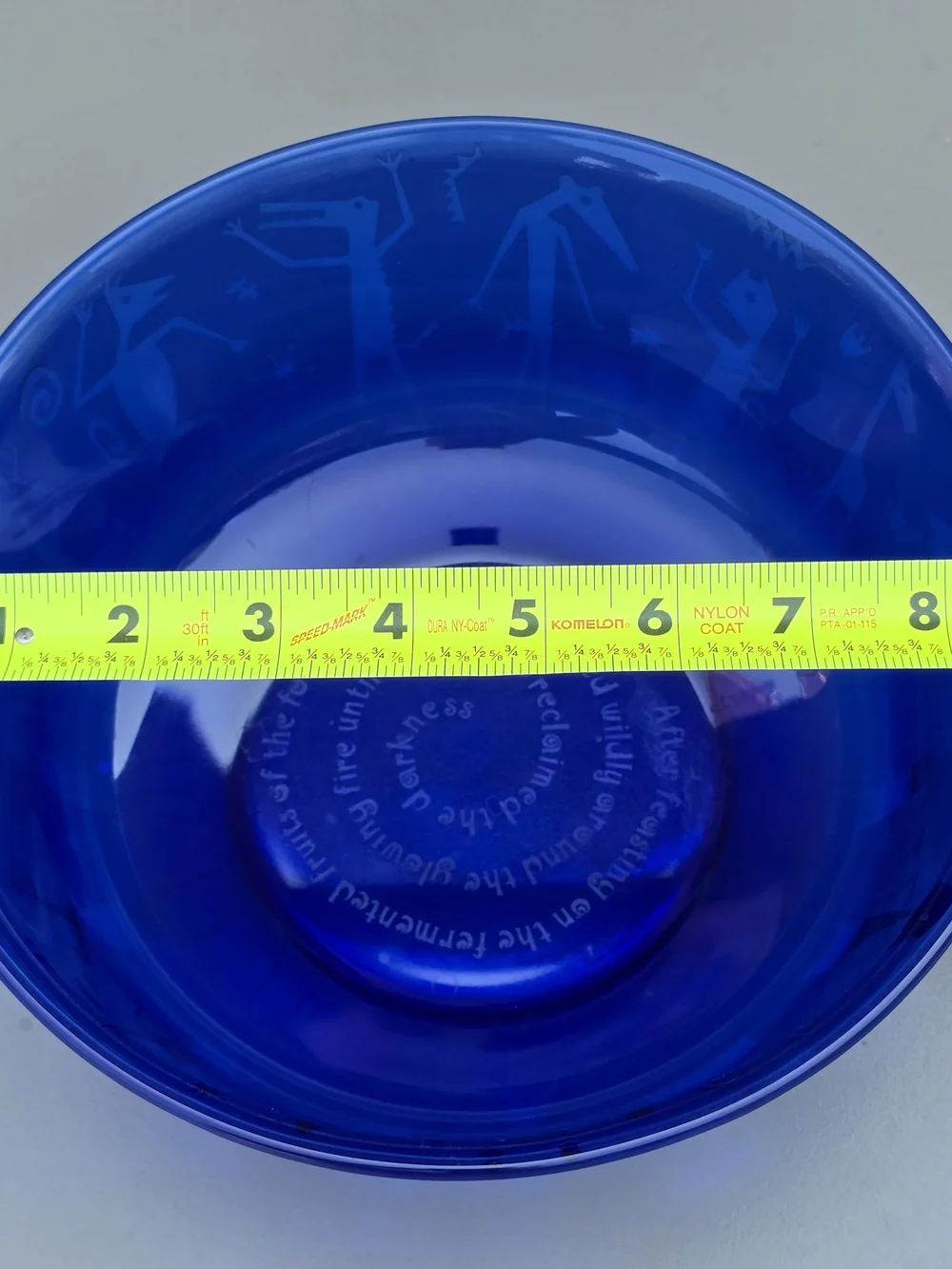 Leandra Drumm Etched Blue Glass Bowl with Whimsical Figures 9